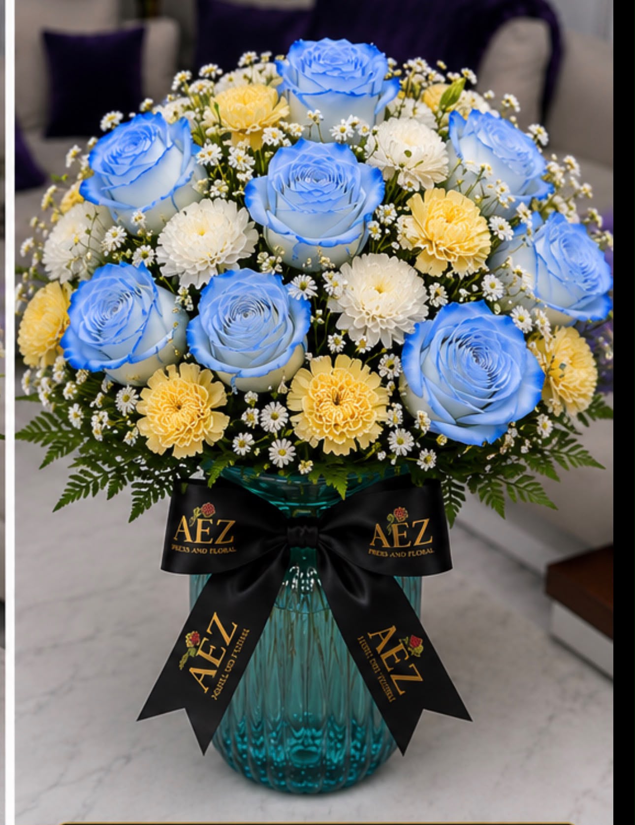 Something-blue arrangement for a baby shower