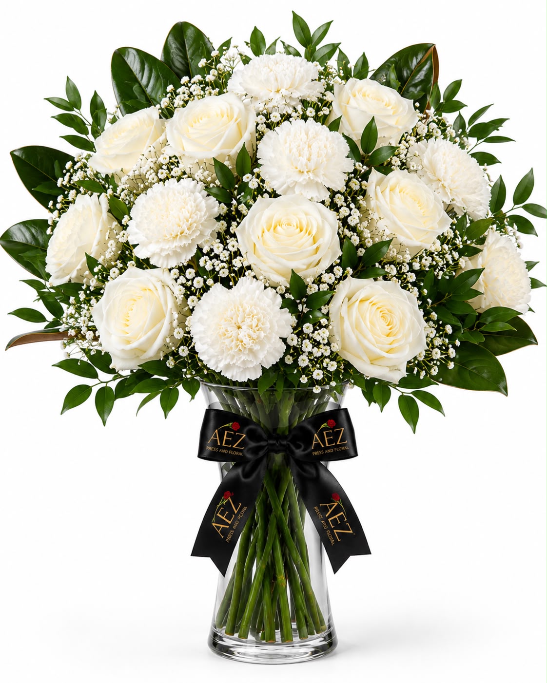 White roses & carnations sympathy tribute